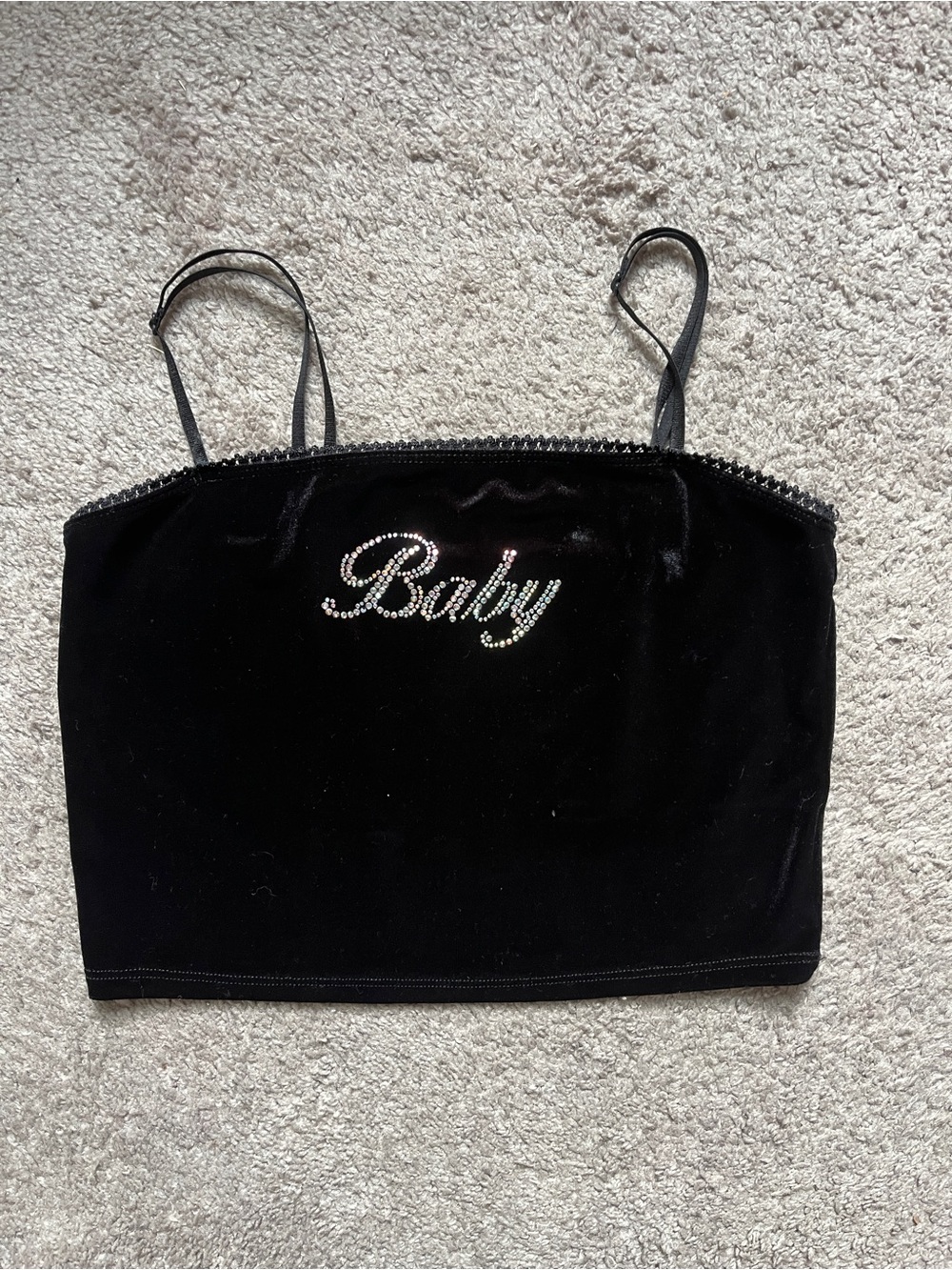 Black Rhinestone 'Baby' Velvet Crop Top